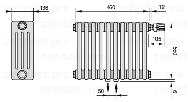 Схема (чертеж) Радиатор Zehnder Charleston 4055/10 №V008 Белый глянцевый RAL 9016